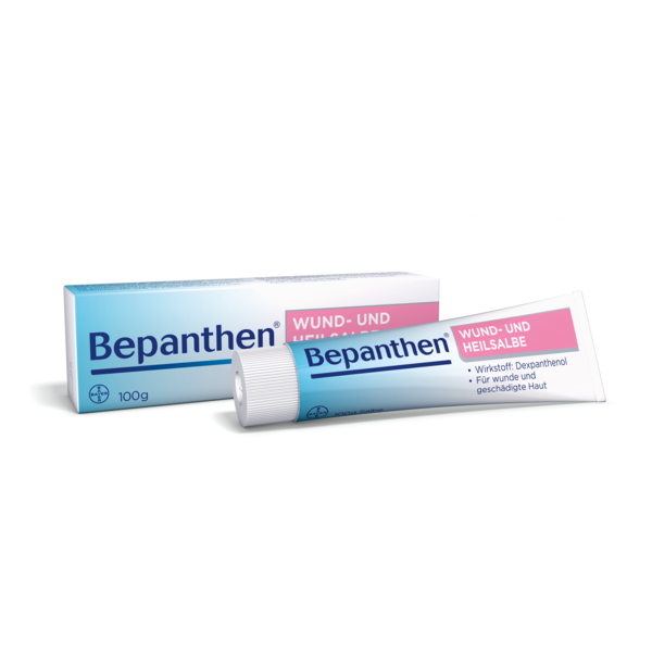 Bepanthen Wund- und Heilsalbe in einer Tube und deren Verpackung, mit Informationen über den Wirkstoff Dexpanthenol.