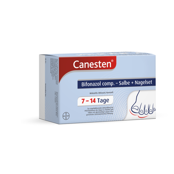 Packung von Canesten Bifonazol Salbe und Nagelset zur Behandlung von Nagelpilz, informationelle Details auf der Vorderseite.