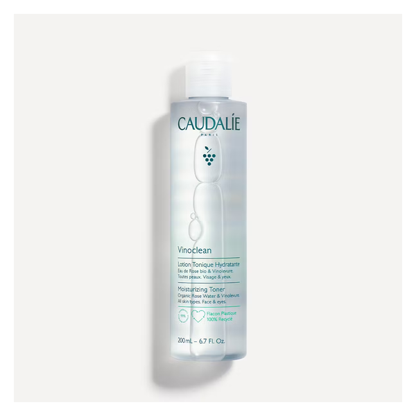 Flasche mit Caudalie Vinoclean hydratisierender Lotion, 200 ml, aus recyceltem Plastik, für sämtliche Hauttypen.