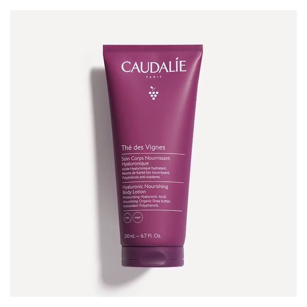 Lila Tube mit feuchtigkeitsspendender Lotion, enthält Hyaluronsäure und Sheabutter, 200 ml.