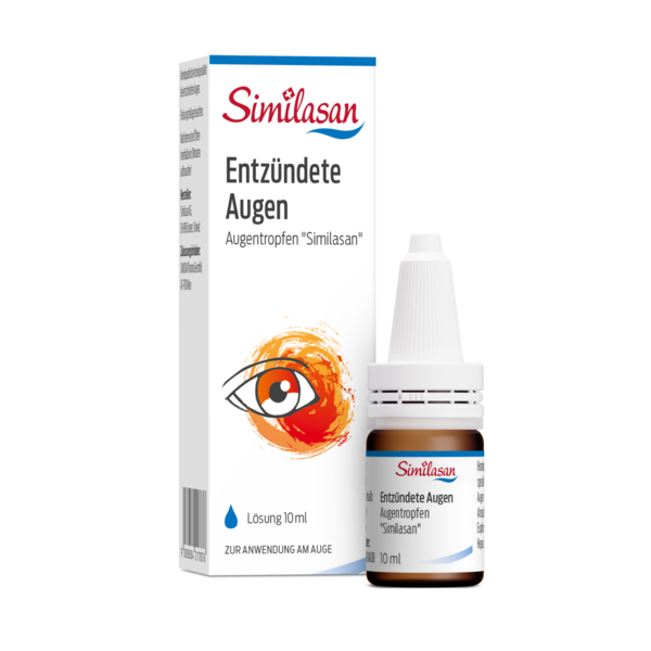 Augentropfen für entzündete Augen in einer 10 ml Flasche samt Umverpackung, die das Produkt und dessen Anwendung beschreibt.