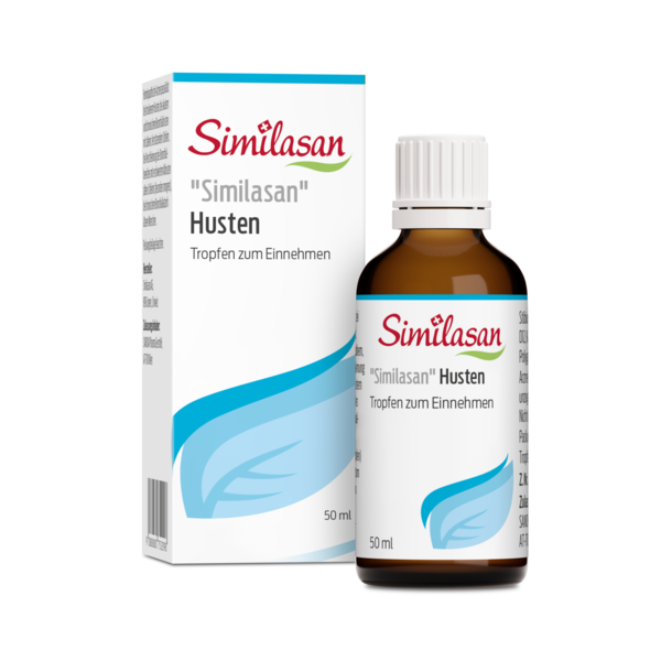 Braune Flasche mit Tropfverschluss und Verpackung für Similasan Husten, 50 ml, für die Einnahme.