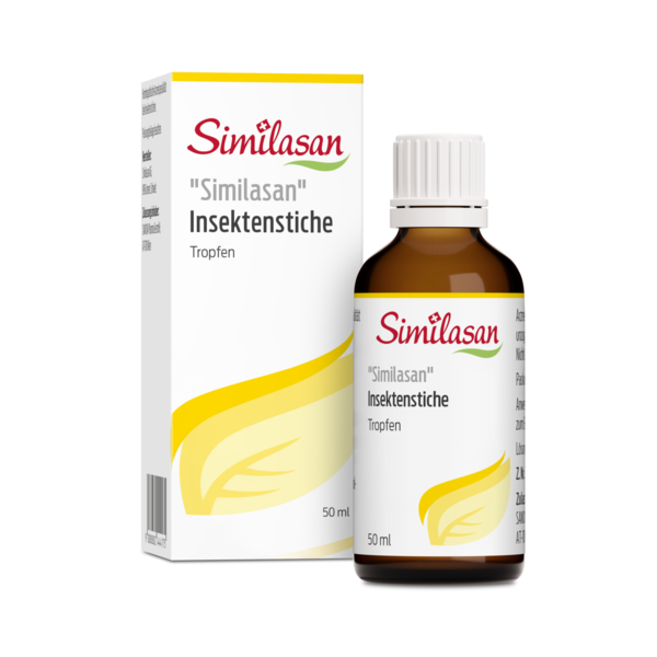 Braune Glasflasche mit Tropfen und eine Verpackung für Similasan Insektenstiche, 50 ml.