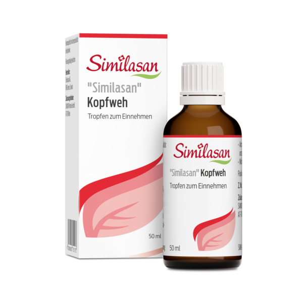 Flasche mit 'Similasan Kopfweh' Tropfen und Verpackung für die Einnahme.