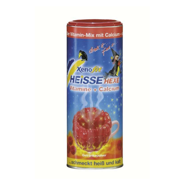 Runde Dose mit roter Tasse, gefüllt mit einem dampfenden Getränkepulver, fröhliche Gestaltung.