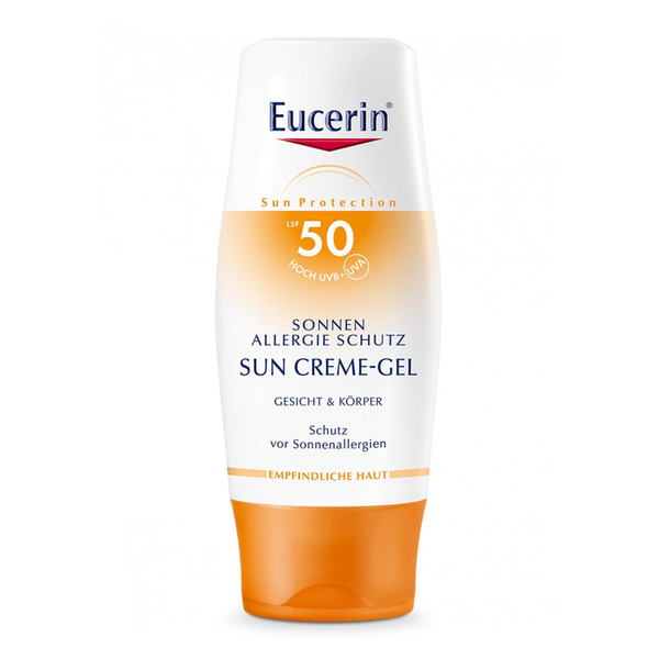 Eucerin Sun Creme-Gel mit Lichtschutzfaktor 50, für Gesicht und Körper, im weißen Flakon mit orangefarbenen Akzenten.
