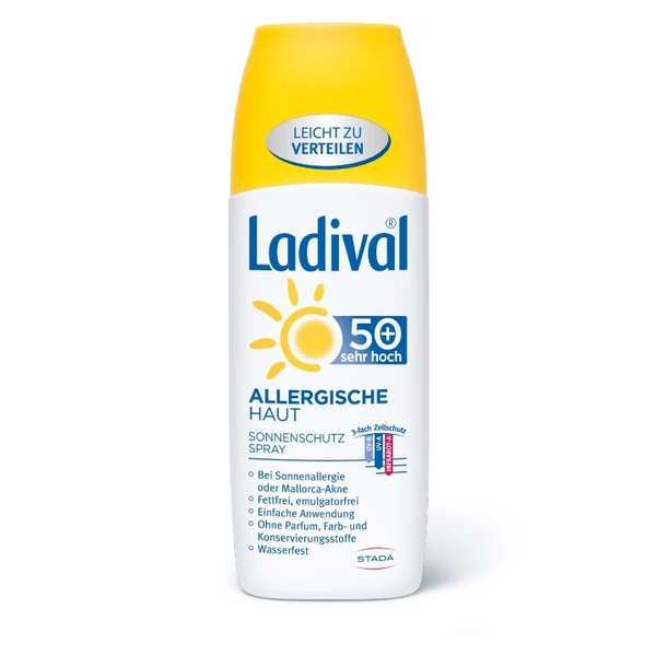 Ladival Sonnenschutzspray für allergische Haut, Lichtschutzfaktor 50+, in einer handlichen Sprühflasche.