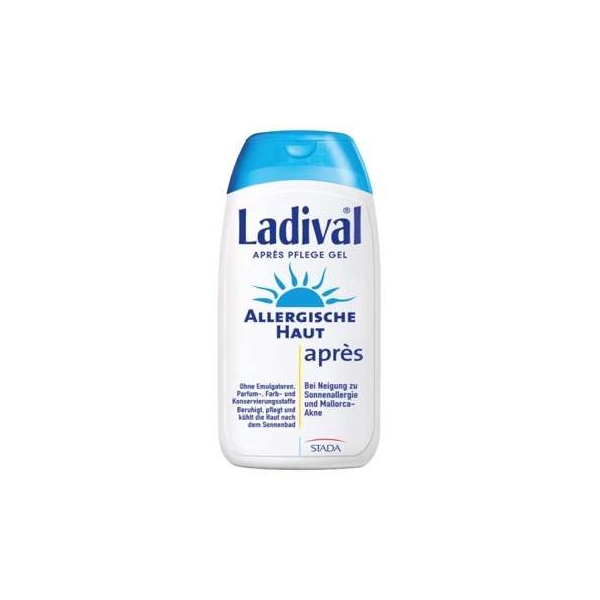 Flasche Ladival après Pflege Gel für allergische Haut mit blauer Kappe und Sonnenmotiv; enthält beruhigende Inhaltsstoffe.