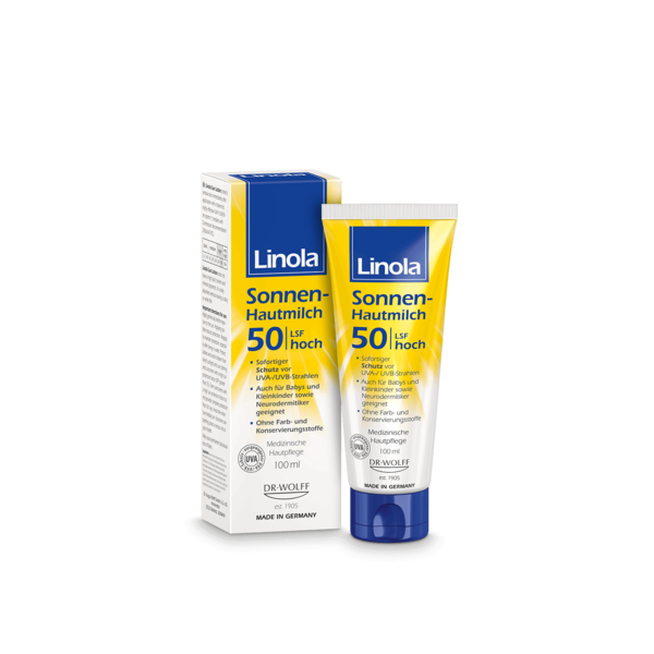 Linola Sonnen-Hautmilch mit Lichtschutzfaktor 50, geeignet für Babys und empfindliche Haut, in einer Tube und Verpackung.