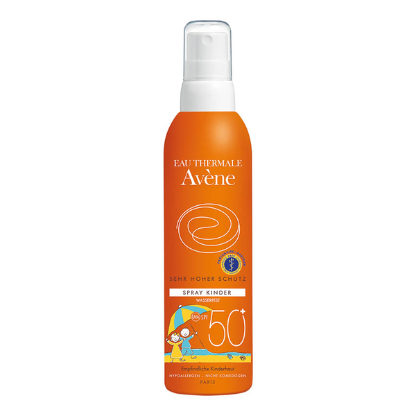 Sonnenschutzspray für Kinder in orangefarbener Flasche mit hohem Lichtschutzfaktor 50+ und wasserfester Formel.