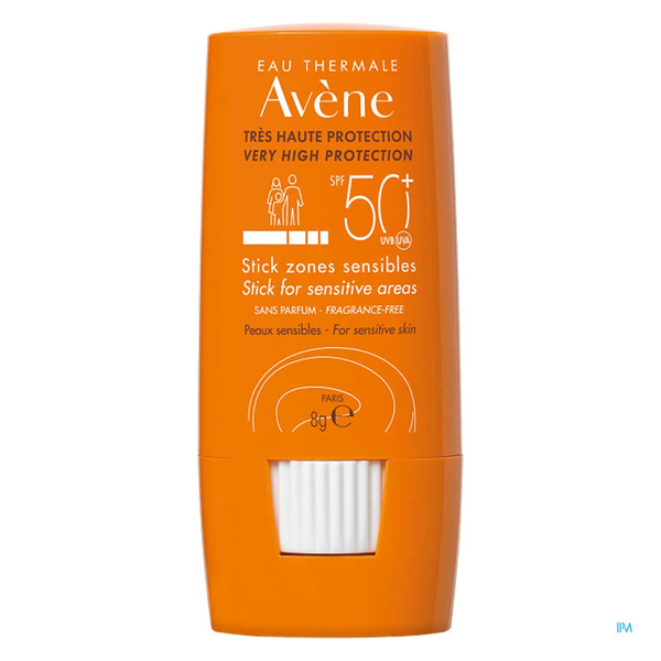 Sonnenschutzstick mit SPF 50+ für empfindliche Haut in orangefarbener Verpackung.