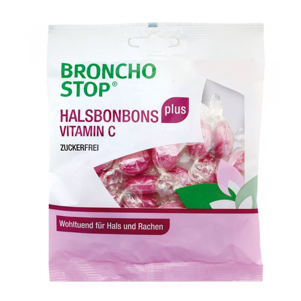 Verpackung von Broncho Stop Halsbonbons plus Vitamin C, zuckerfrei, mit einer rosa Farbgestaltung.