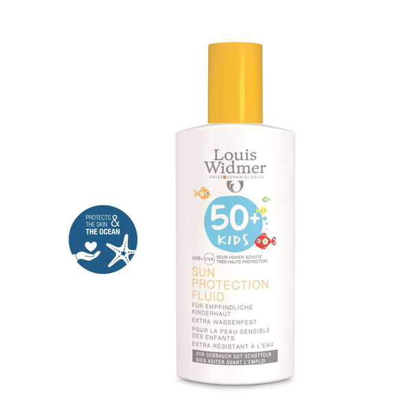 Sonnencreme für Kinder mit Schutzfaktor 50+, wasserfest, in weißer Flasche mit gelbem Deckel und farbigen Meeresmotiven.