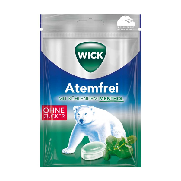 Verpackung von Wick Atemfrei mit mentholhaltigen Bonbons, abgebildet mit einem Eisbär und dem Hinweis ohne Zucker.