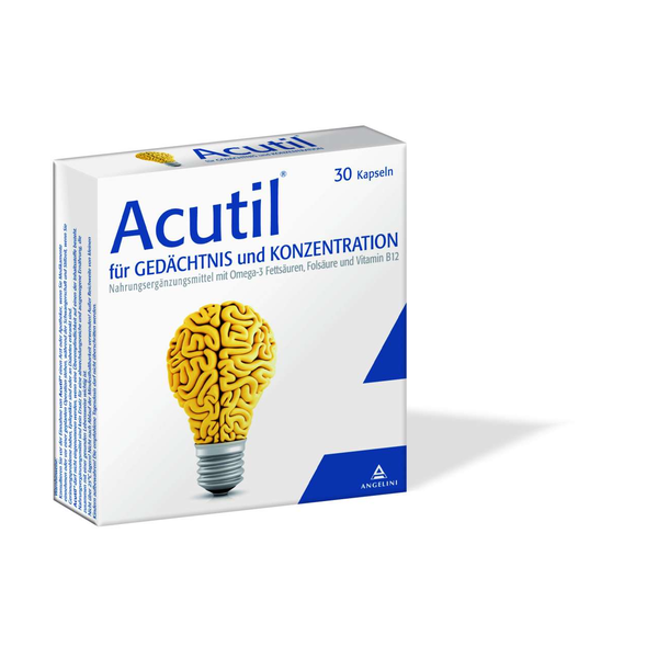 Verpackung des Nahrungsergänzungsmittels Acutil für Gedächtnis und Konzentration mit einer Glühbirne in Form eines Gehirns.