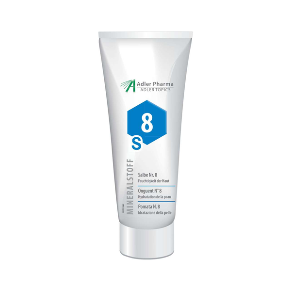 Tubus mit Hautpflege-Salbe Nr. 8, betont feuchtigkeitsspendende Eigenschaften in mehreren Sprachen.