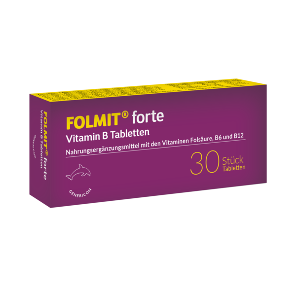 Packung FOLMIT forte Vitamin B Tabletten, Nahrungsergänzungsmittel mit Folsäure, B6 und B12, lila Design.