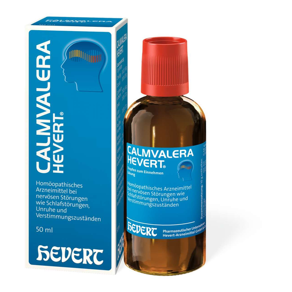 Eine Flasche Calmvalera Hevert mit rotem Deckel und einer blauen Umverpackung, die homöopathische Tropfen beschreibt.