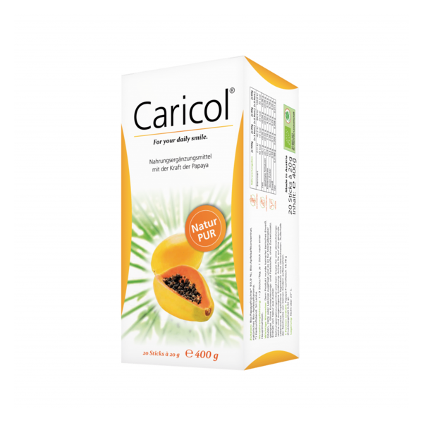 Paket des Nahrungsergänzungsmittels Caricol mit Papaya, verdeutlicht die natürliche Stärke der Frucht.
