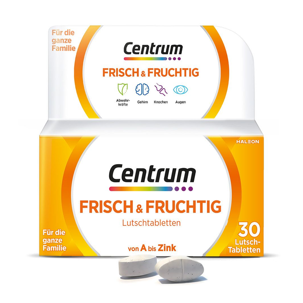 Verpackung von Centrum Frisch & Fruchtig Lutschtabletten, die für die ganze Familie gedacht sind, mit Abbildung der Tabletten.