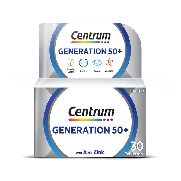 Verpackung von Centrum Generation 50+, zeigt Hinweise auf Abwehrkräfte, Gehirn, Augen und Vitalität.