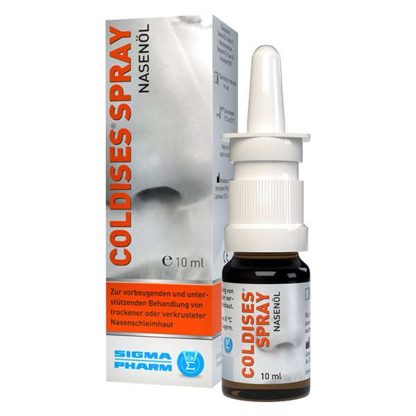 Flasche mit Coldises Spray, Nasenöl in einer 10 ml Verpackung, mit Pipettendeckel und Gebrauchsanweisung auf der Box.