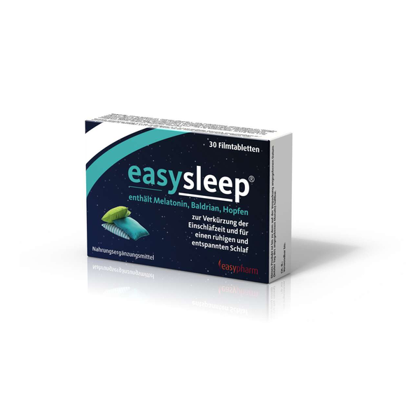 Packung mit 30 Filmtabletten easySleep, enthält Melatonin, Baldrian und Hopfen zur Verbesserung des Schlafs.