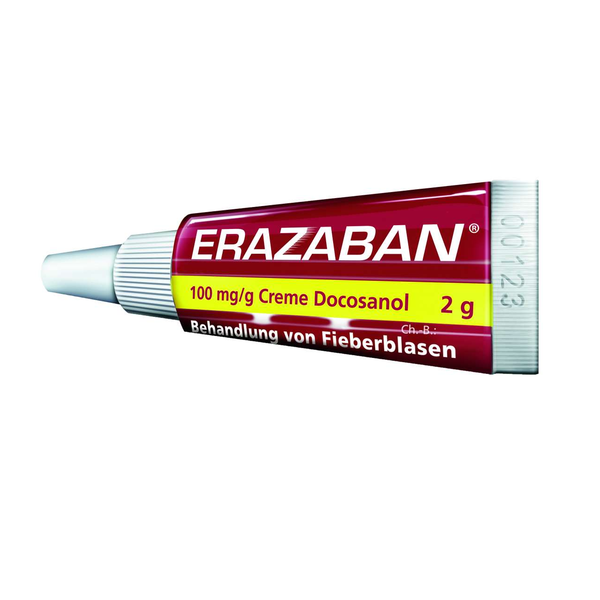 Tubenverpackung von Erazaban, einer Creme zur Behandlung von Fieberblasen, mit sichtbarem Inhaltsverzeichnis.