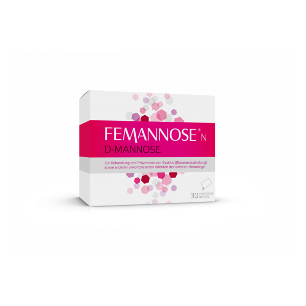Verpackung von FEMANNOSE D-Mannose zur Behandlung von Zystitis, mit rosa Schrift und geometrischen Mustern.