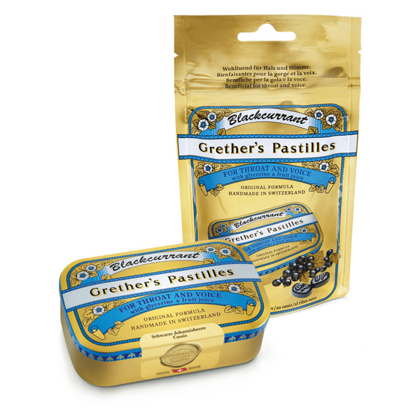 Goldene Verpackung von Grether's Pastillen für Hals und Stimme, Anmeldung in Originalrezeptur mit schwarzer Johannisbeere.