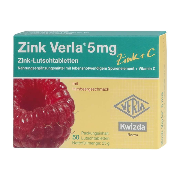 Schachtel mit Zink-Lutschtabletten (5 mg) in Himbeergeschmack, farbenfrohes Design mit Himbeere abgebildet.