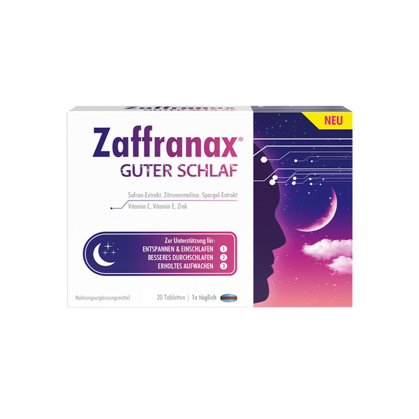 Verpackung von Zaffranax Gute Nacht mit Illustrationen zur Schlafunterstützung und Zutatenliste.