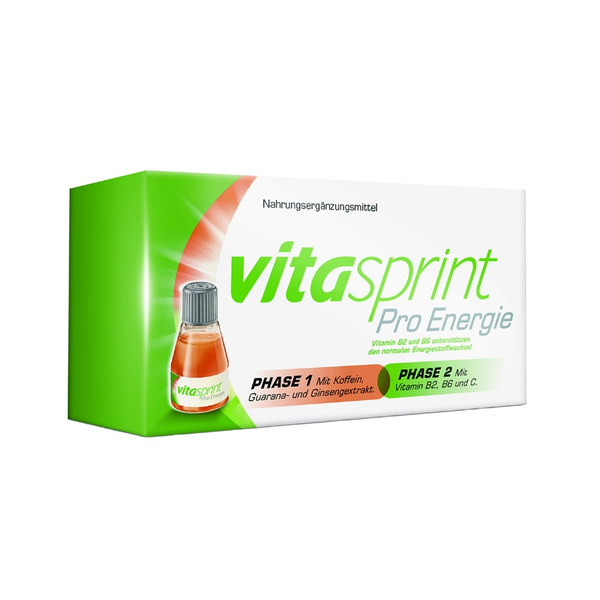 Verpackung von vitasprint Pro Energie, inklusive Phaseninformation und Hinweisen zu Inhaltsstoffen wie Koffein und Vitaminen.