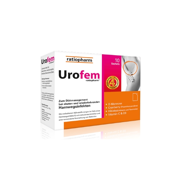 Verpackung von Urofem, einem Nahrungsergänzungsmittel zur Unterstützung bei Harnwegsinfekten, mit 10 Saches.