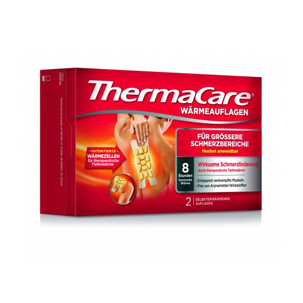 Verpackung von ThermaCare Wärmepflastern für schmerzlindernde Anwendungen, zeigt Anwendung auf dem oberen Rücken.