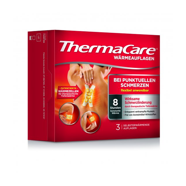 Packung mit ThermaCare Wärmeauflagen für punktuelle Schmerzlinderung, betont konstante Wärme und flexible Anwendung.