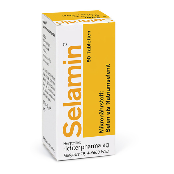 Packung mit 90 Selamin-Tabletten, enthält Selen als Natriumselenit, Hersteller: richtigerpharma ag.