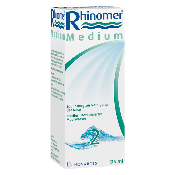 Verpackung von Rhinomer Medium, einer isotonischen Spüllösung zur Nasenreinigung in einer 135 ml Box.