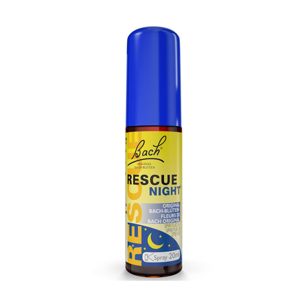 Flasche mit blauer Kappe und gelbem Etikett, enthält Bach Rescue Night Spray, 20 ml, zur Beruhigung vor dem Schlafen.