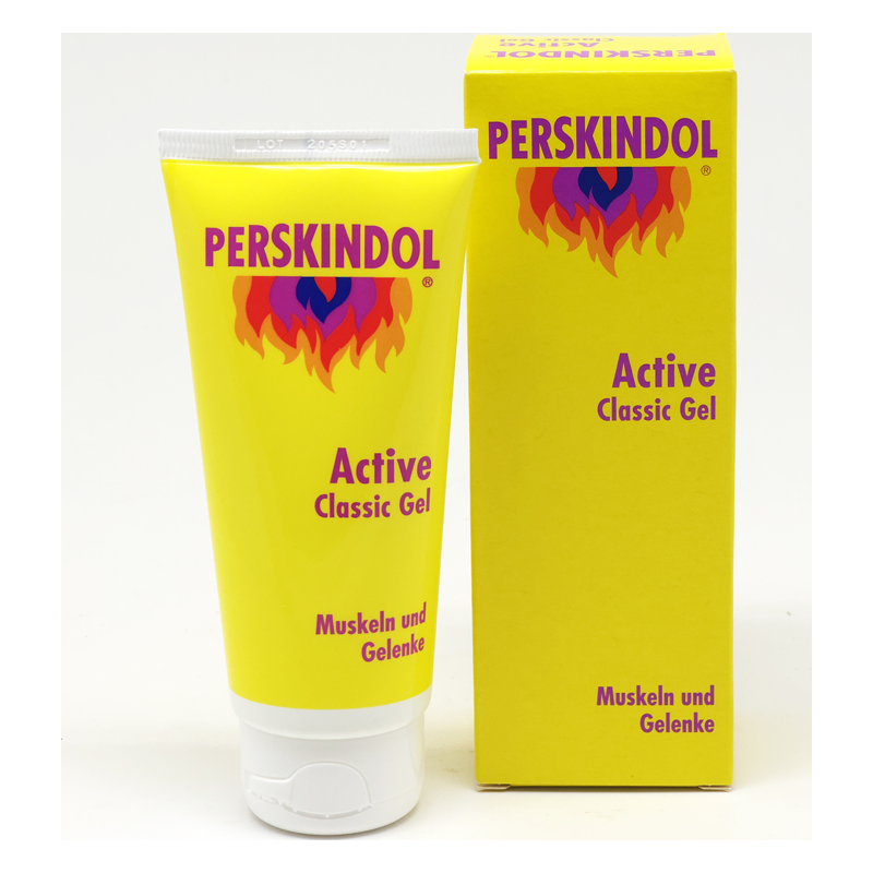Gelröhre und Verpackung von Perskindol Active Classic Gel für Muskeln und Gelenke in gelber Farbe.