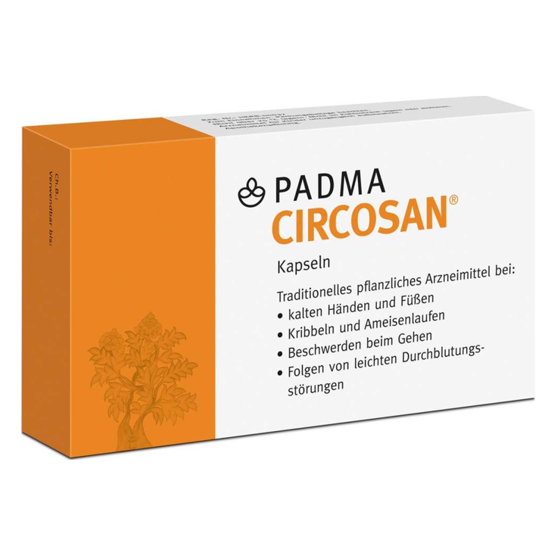 Packung mit PADMA CIRCOSAN Kapseln zur Linderung von Durchblutungsstörungen und begleitenden Symptomen.