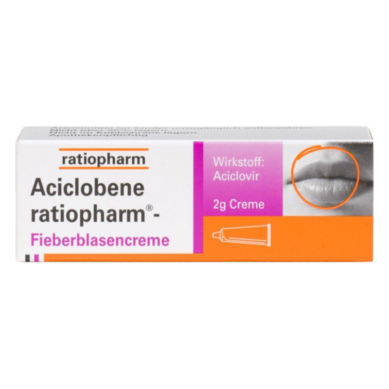 Verpackung von Aciclobene ratiopharm Fieberblasencreme mit 2g Inhalt, orange und lila, zeigt einen Lippenbereich.