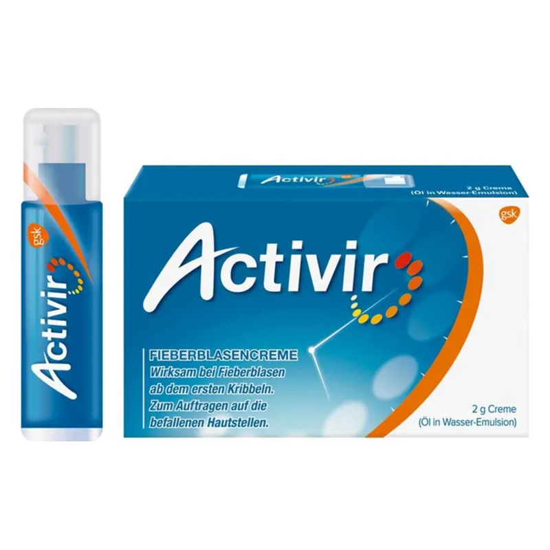 Verpackung und Tube von Activir Fieberblasencreme, bietet Schutz bei Lippenherpes.