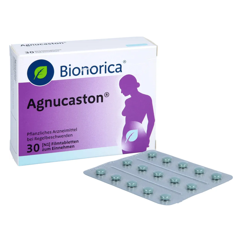 Verpackung von Bionorica Agnucaston, pflanzliches Arzneimittel in einer Schachtel mit Filmtabletten und Blisterpackung.
