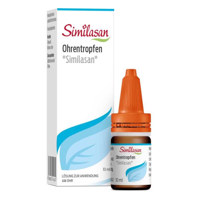Ohrentropfen "Similasan" in einer 10 ml Flasche mit orangem Tropfer und umschließender Verpackung.