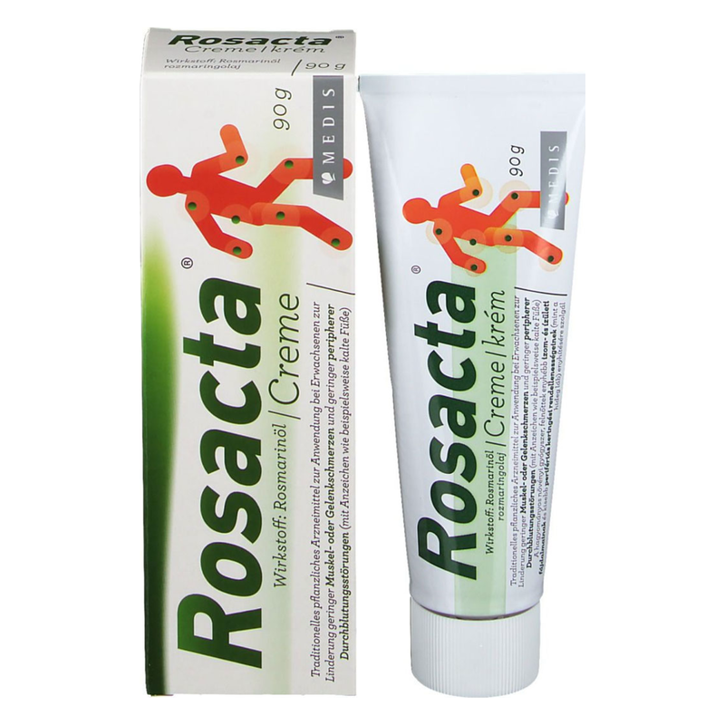 Verpackung und Tube der Rosacta Creme mit Rosmarinöl, 90 g, auf einem weißen Hintergrund.