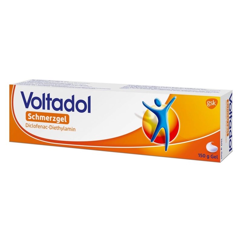 Verpackung von Voltadol Schmerzgel in einer weißen Box mit orangefarbenen Akzenten und blauer Schrift, enthält 150 g Gel.