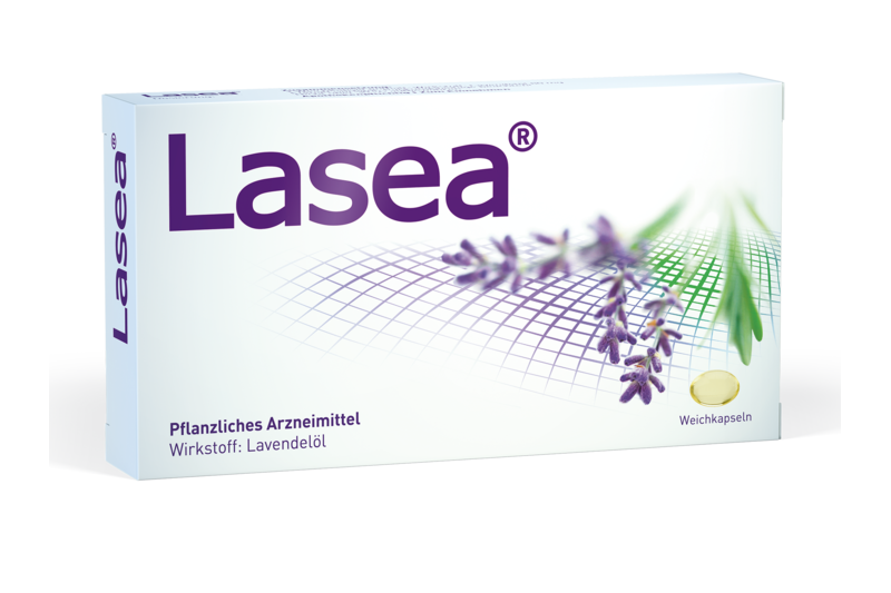 Lasea_2025.png Verpackung von Lasea, einem pflanzlichen Arzneimittel mit Lavendelöl. Weichkapseln in der Box.