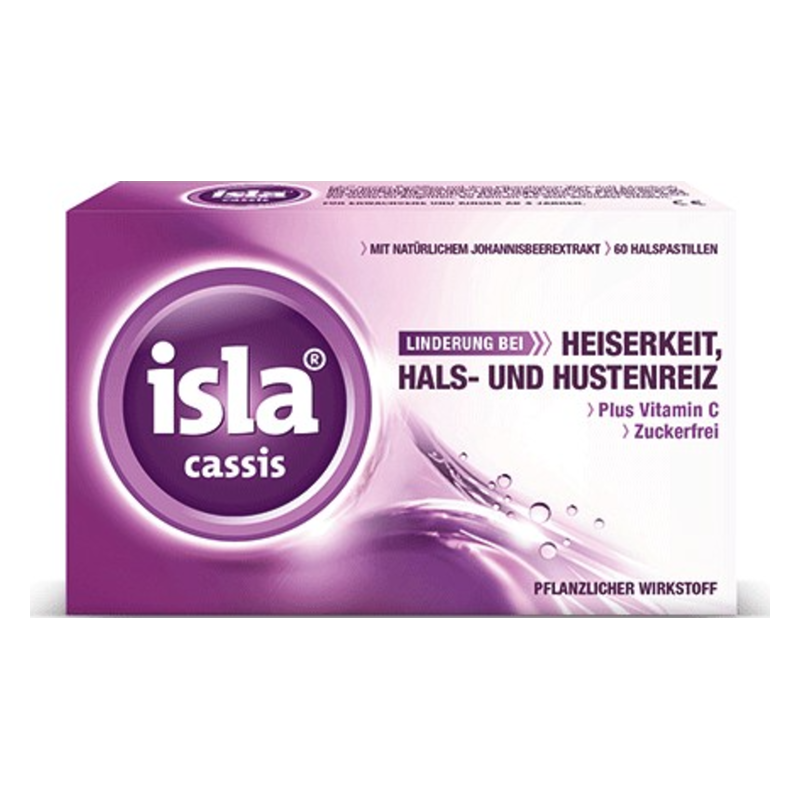 Verpackung von isla cassis Halspastillen mit Johannisbärextrakt und Vitamin C, lila Design.