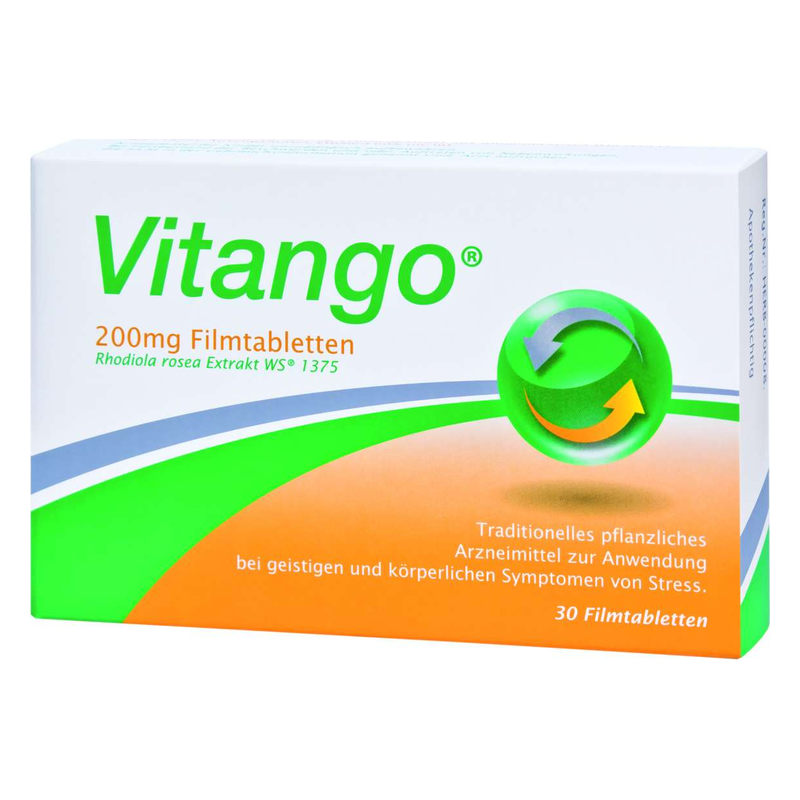 Verpackung von Vitango 200mg Filmtabletten zur Stressbewältigung mit Rhodiola rosea Extrakt.